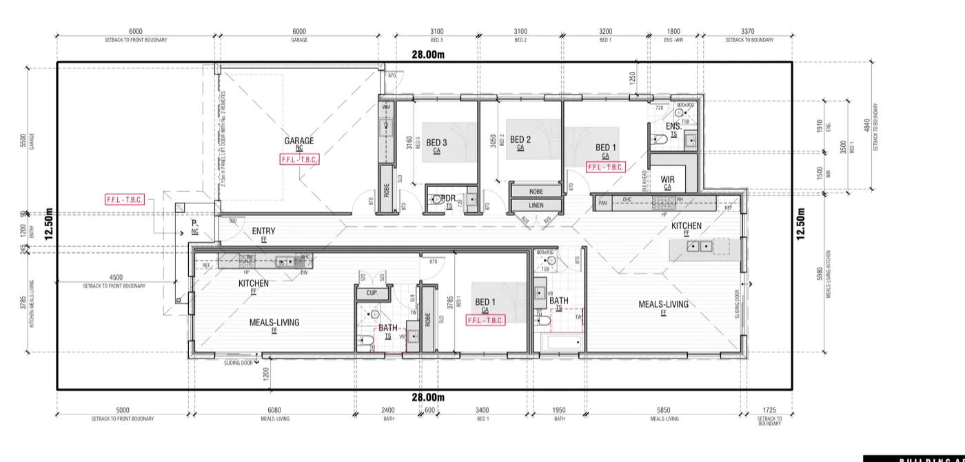 Ground floor plan of a dual key home: a three-bedroom dwelling with garage, and an attached one-bedroom second dwelling with its own kitchen, bathroom and living area