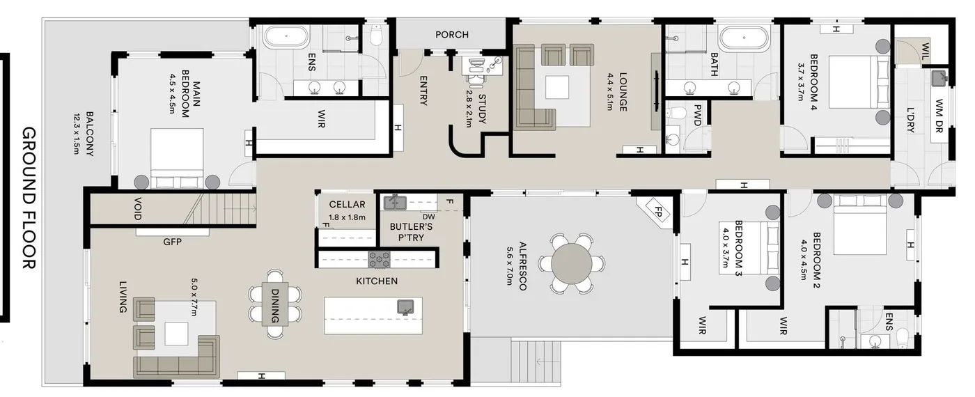 Ground floor plan of a home built by Continent Homes, with room names and dimensions marked