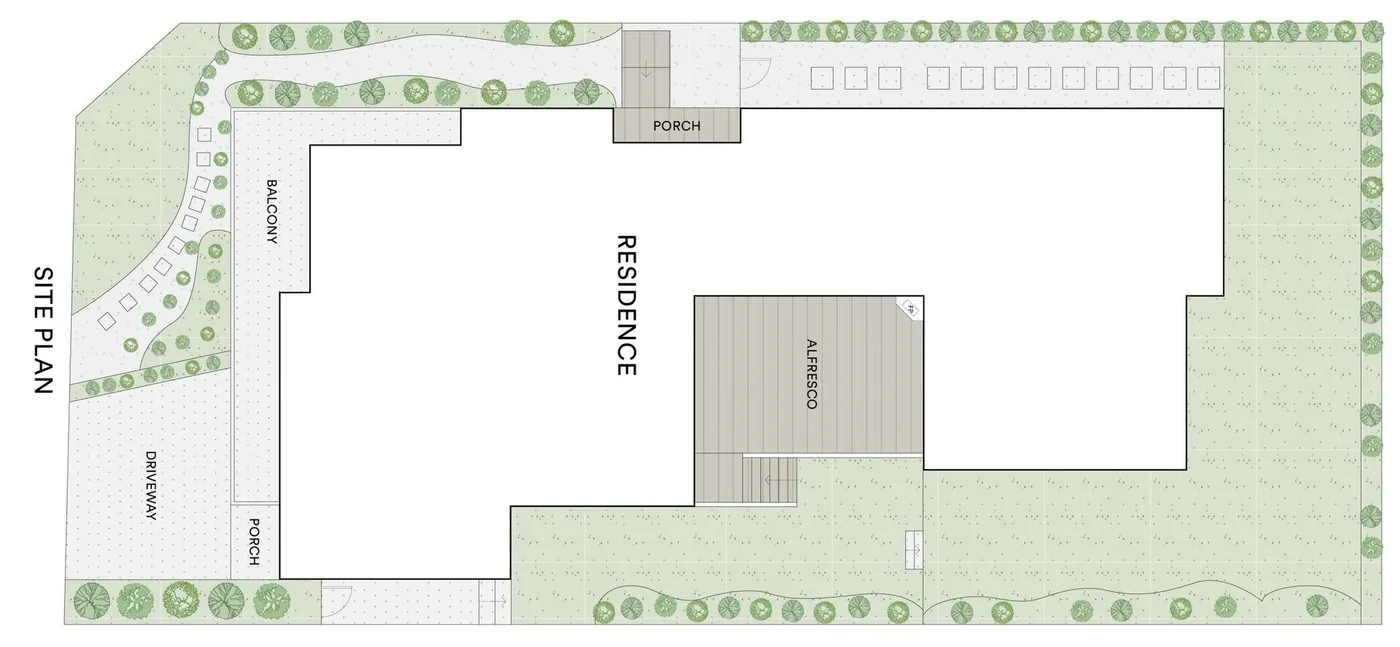 Site plan showing the house footprint, setbacks, landscaping and driveway on the block